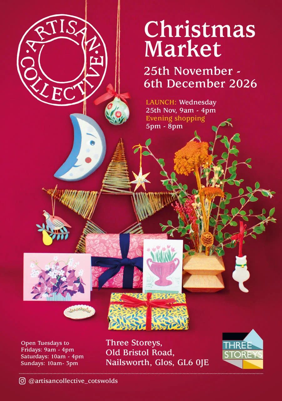 The Artisan Collective's 2026 Christmas Market poster: hanging decorations, a willow star, cards and wrapped gifts, with the dates and opening times
