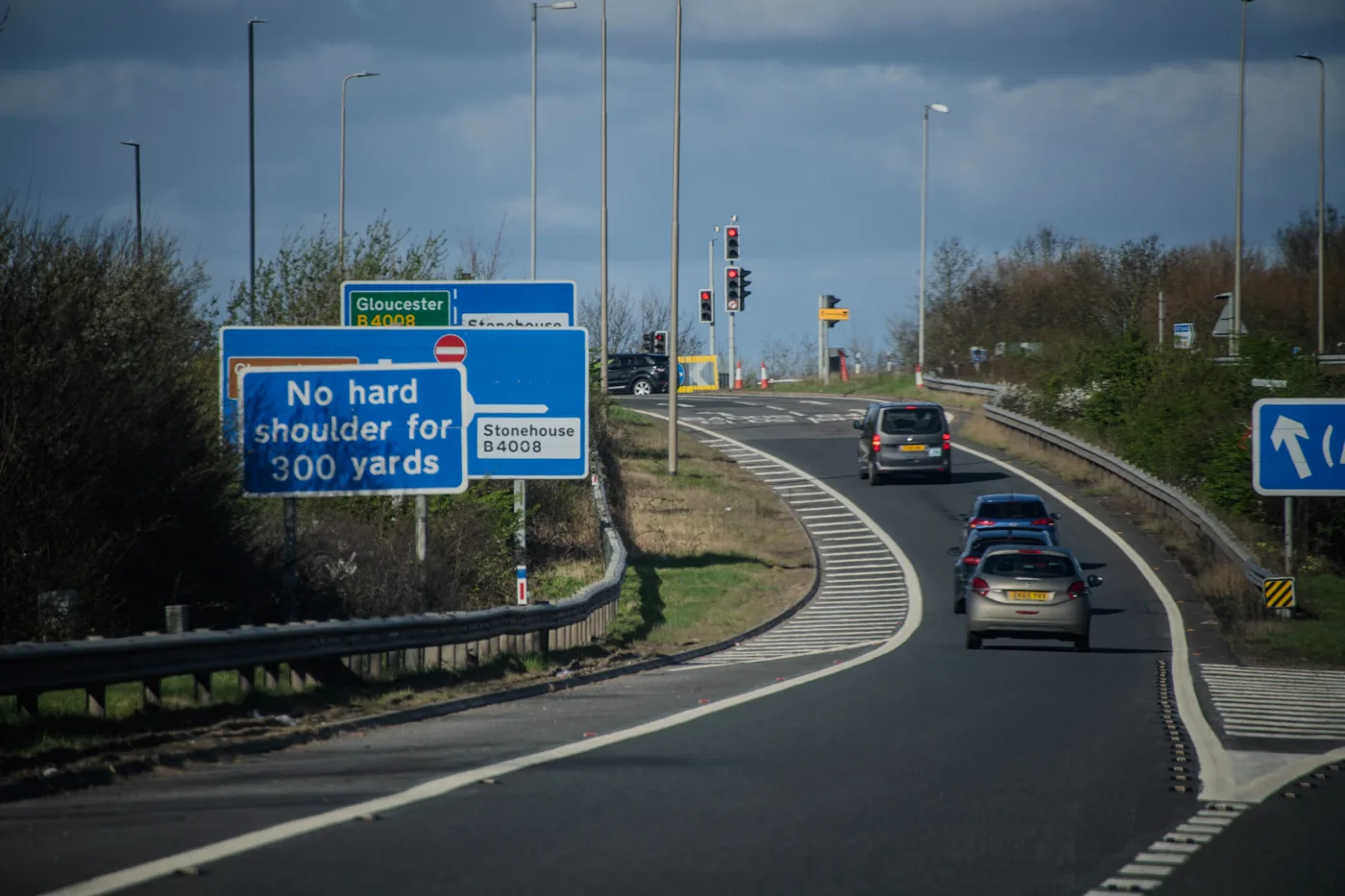 The exit slip road at M5 Junction 12, signed for Gloucester and Stonehouse. Junction 12 is the southern end of October's closure, and the next junction north of Stroud district's own Junction 13